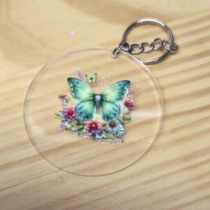 Hand Crafted Butterfly Keychain with Green and Pink Accents